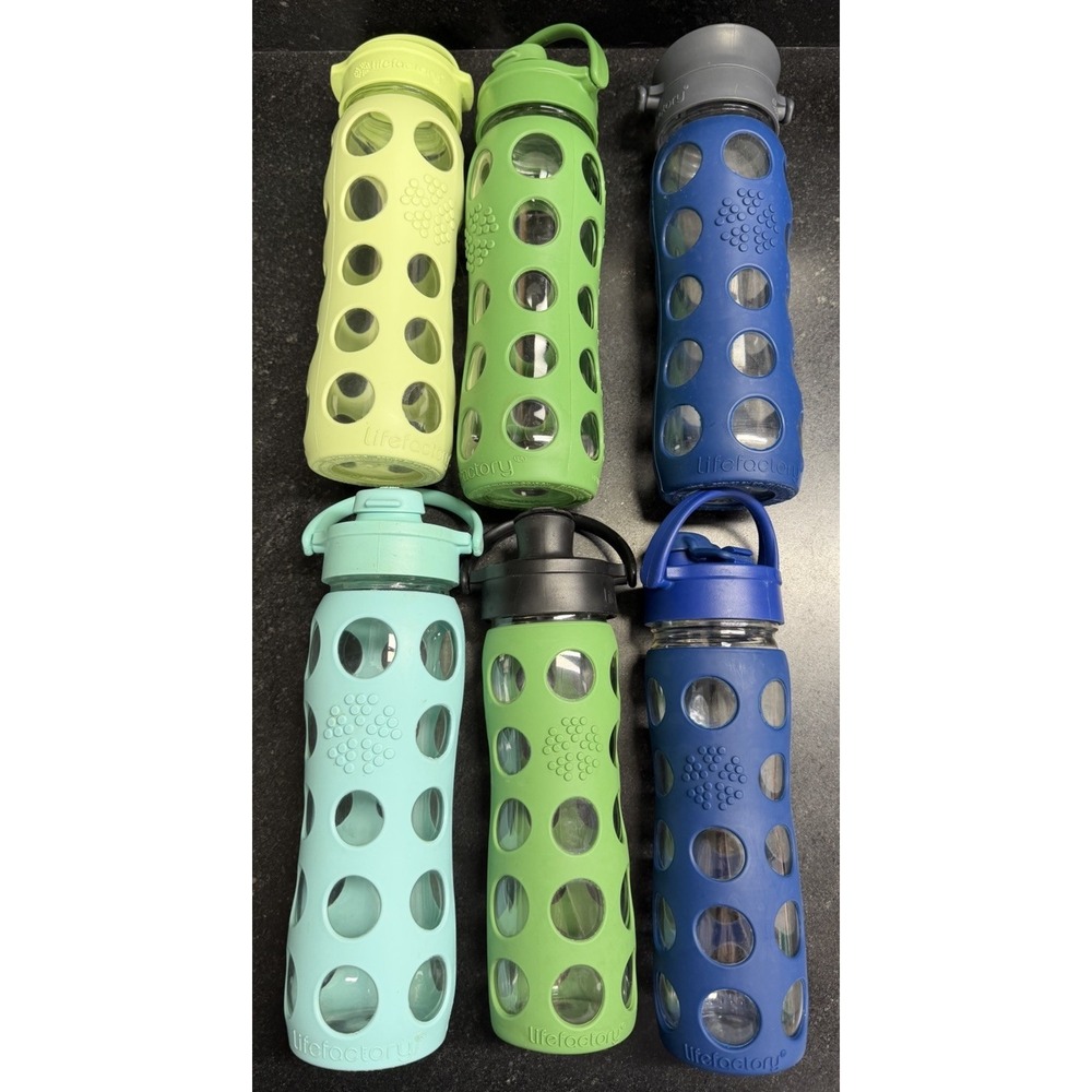 Lot of 6 LifeFactory Glass Water Bottles 22oz & 16oz Silicone Sleeves Lids